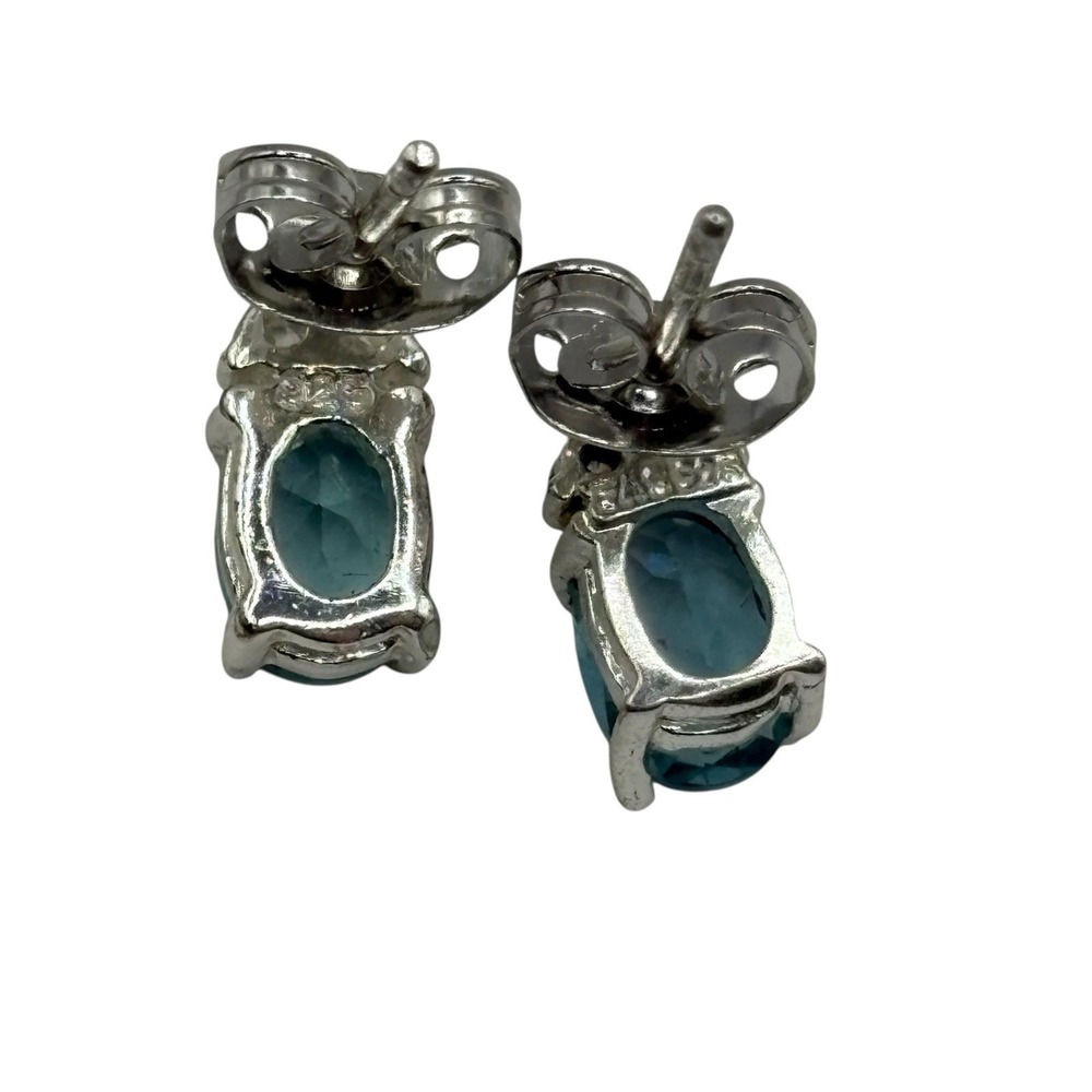 Stimulated Aquamarine Stud‎ Earrings Sterling Sliver 925 CZ Accents Post by FAS - Picture 12 of 14